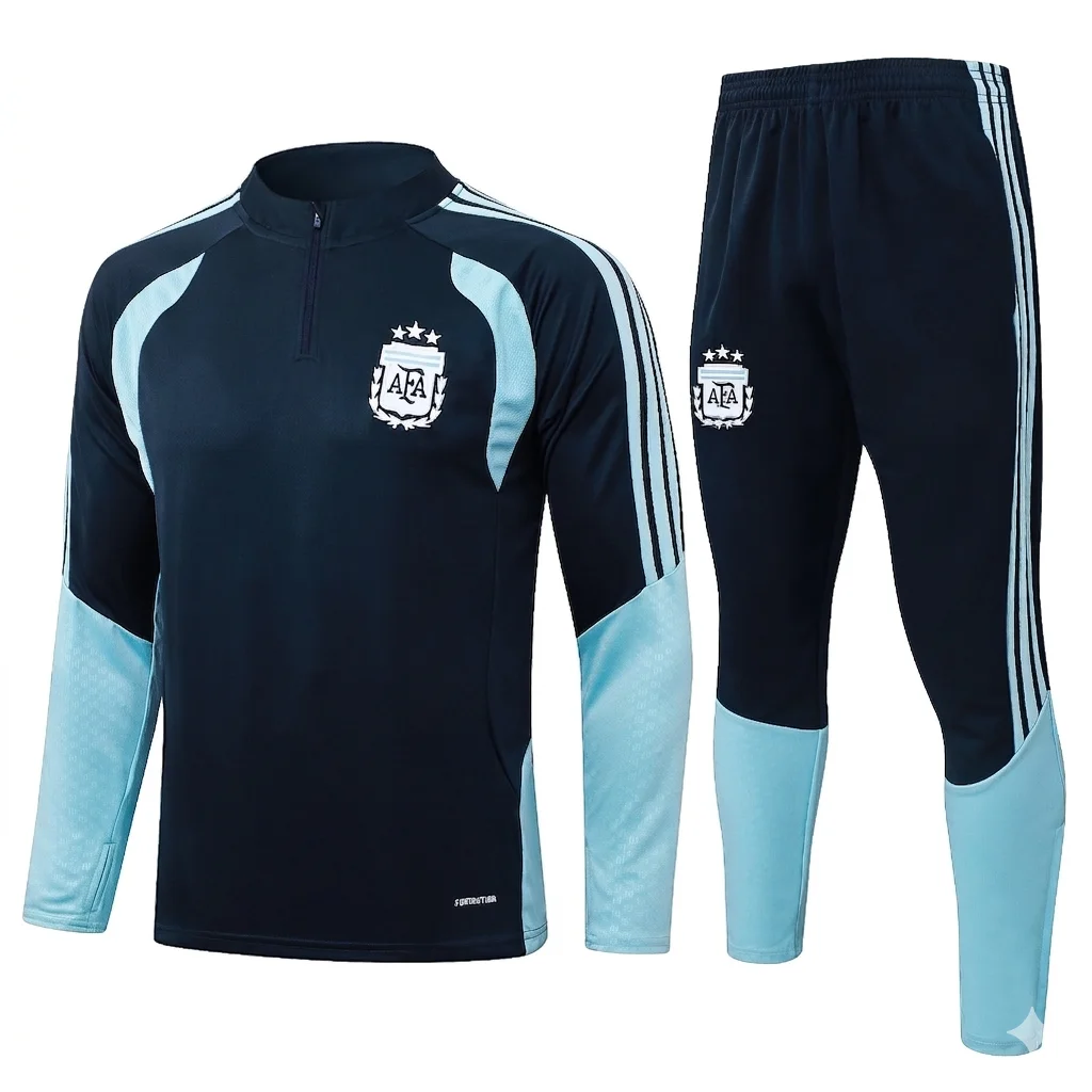 Unbranded (no Adidas logo) Argentina National Team (AFA) navy blue and cyan-blue quarter-zip long-sleeved training suit set. Features include AFA crests with three stars, FORMOTION text, contrasting cyan-blue panels and stripes, drawstrings on pants. The unbranded surfaces on the right chest and right thigh are smooth. This is a clean product shot for a wholesale product page.